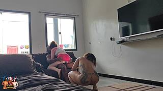 In a hardcore lesbian orgy there is big tits and big cock