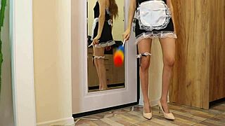 brunette amateur cleans up then fucks her pussy with a dildo