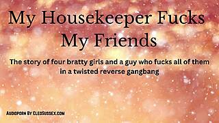 Whoa, reverse gangbang with four girls on the male housekeeper! 😈