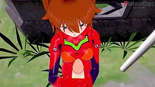 Asuka Langley Soryu delivers steamy blowjob in POV action.