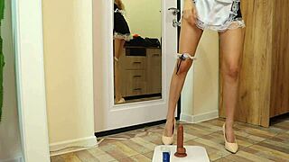 brunette amateur cleans up then fucks her pussy with a dildo