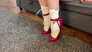 Slave girl intensely masturbates in sexy ballet boots, flaunting small tits