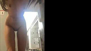 Wow! Teen Brunette Dresses in Public Gym Changing Room for All to See!