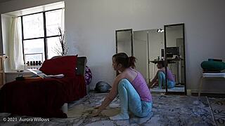 Hairless brunette learns about camel toed and bare feet