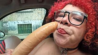 Filling up the car with a tranny crossdresser that taunts with big tits and a fat ass