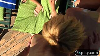 Four women shared a man's cock in outdoor blowjob group