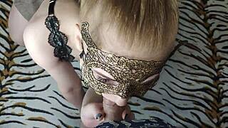 Hot blonde performs deep wet blowjob on monster cock