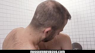 Horny priest slams Mormon boy’s tight butthole hard in steamy shower action!