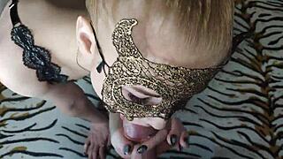 Hot blonde performs deep wet blowjob on monster cock