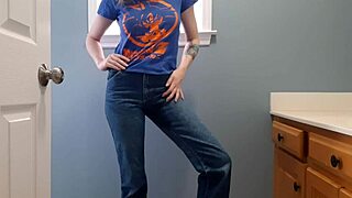 Wetting tight denim jeans in bathroom
