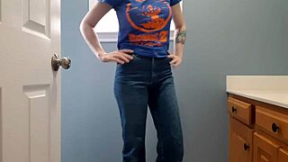 Wetting tight denim jeans in bathroom