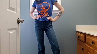 Wetting tight denim jeans in bathroom