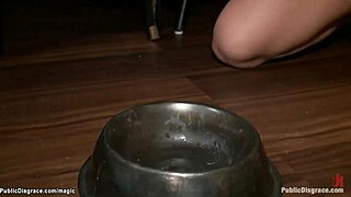 bound blond gets mouth fucked hard in public view.