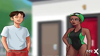 Summertime saga girls share passionate beach kisses in cartoon scene