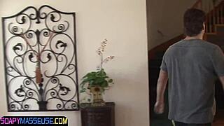 Showering babe tittyfucked by massage client