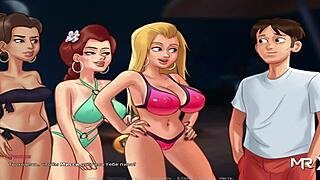 Summertime saga girls share passionate beach kisses in cartoon scene