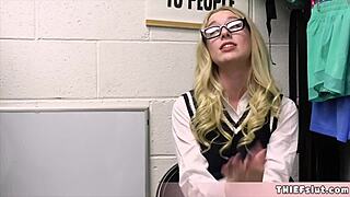 Cute geeky blonde shoplifter teen caught and her tight pussy pays the price