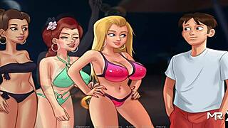 Summertime saga girls share passionate beach kisses in cartoon scene