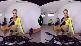 The horny racer enjoys a reality blowjob from a blonde biker with shaved hairless pussy.