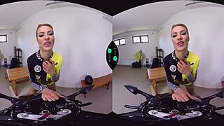 The horny racer enjoys a reality blowjob from a blonde biker with shaved hairless pussy.