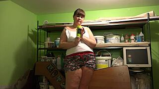 oh man, big ass bbw in pantry shoves bottle in oily hairy pussy...so good