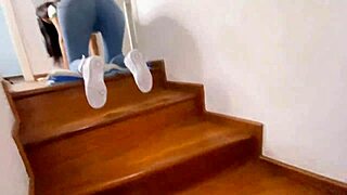 Surprising her brother on stairs for hard anal fuck