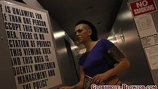 babe sucks big cock through gloryhole and gets cumshot