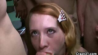 Blonde showered with jizz in blowbang