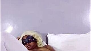 Ebony bbw in long socks masturbates in bed with partner