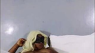 Ebony bbw in long socks masturbates in bed with partner