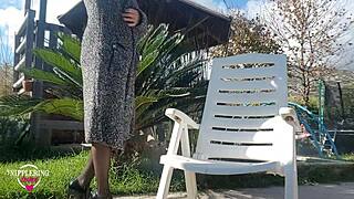 Nippleringlover fucks dildo outdoors with pierced nipples