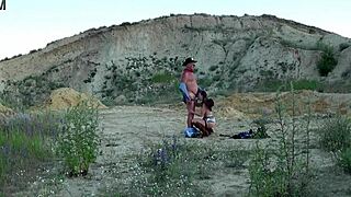 Outdoor cowboy sex with mature woman riding and blowing.