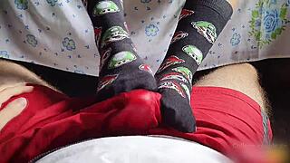 hey, wanna see my socks during a hot footjob with cum in shorts?