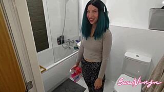 My housekeeper cleans naked for extra money, feeling aroused with her wet pussy.