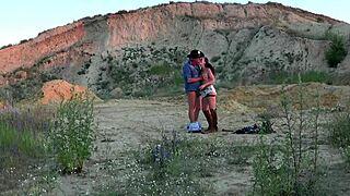 Outdoor cowboy sex with mature woman riding and blowing.