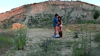 Outdoor cowboy sex with mature woman riding and blowing.