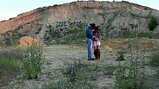 Outdoor cowboy sex with mature woman riding and blowing.
