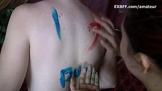 Collared Hairy Amateur Body Painted by Aggressive Girlfriend