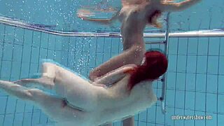 bushy round ass girls strip and swim by pool