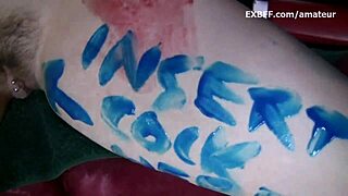 Collared Hairy Amateur Body Painted by Aggressive Girlfriend