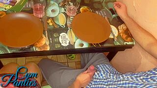 Handjob friend caught in cafe with boyfriend