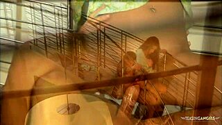 lucky brunette gets bent over and fucked hard on the staircase