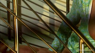 lucky brunette gets bent over and fucked hard on the staircase