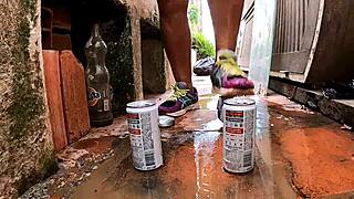 The beggar shows her chest in exchange for cans in this reality segment.