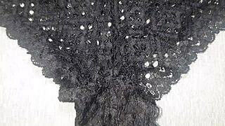 Good cumshot on black lace panties of my big-ass friend