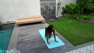 step sister stretches in leggings after yoga session