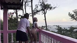 Sex in outdoors with His latino step sister on a balcony with nice view from outside