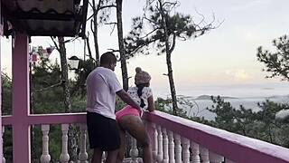 Sex in outdoors with His latino step sister on a balcony with nice view from outside
