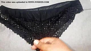 Good cumshot on black lace panties of my big-ass friend