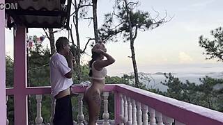 Sex in outdoors with His latino step sister on a balcony with nice view from outside